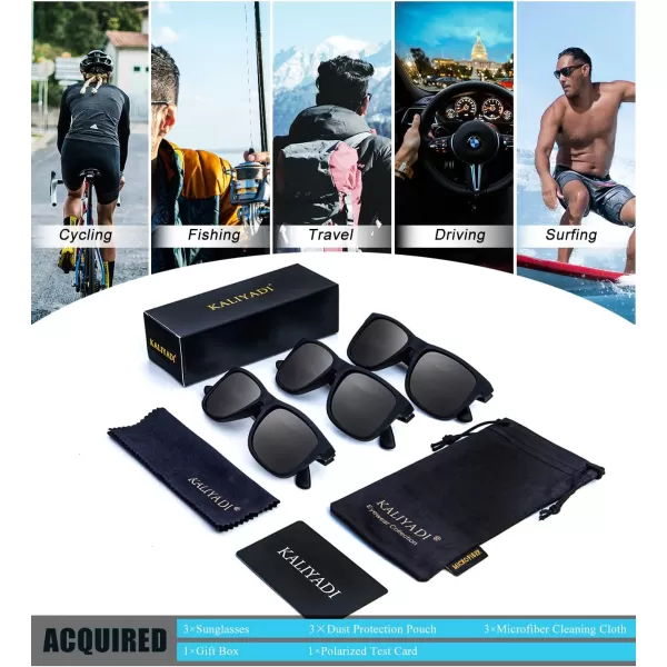 KALIYADI Sunglasses Men Polarized Sun glasses for Mens Womens Classic Matte Black Frame UV Protection 3pack3 Pack BlackBlackBlack