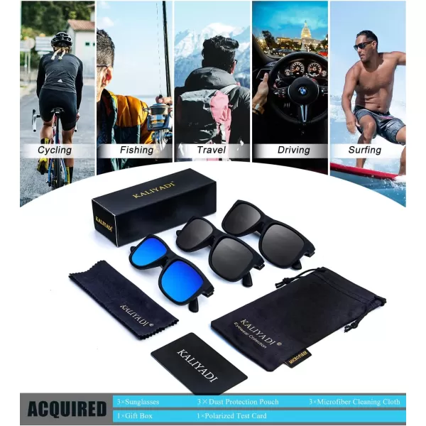 KALIYADI Sunglasses Men Polarized Sun glasses for Mens Womens Classic Matte Black Frame UV Protection 3pack3 Pack BlackBlackDrak Blue