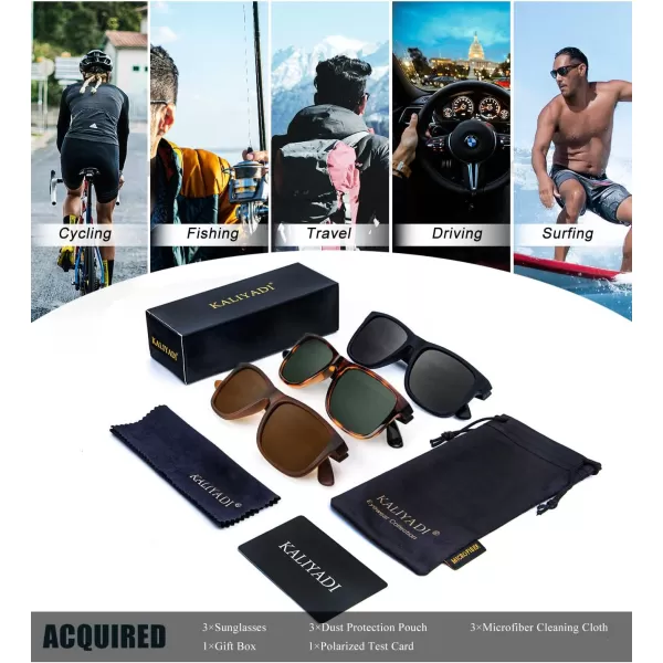 KALIYADI Sunglasses Men Polarized Sun glasses for Mens Womens Classic Matte Black Frame UV Protection 3pack3 Pack BlackBrownTortoise G15