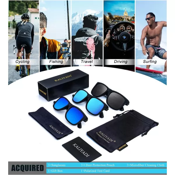 KALIYADI Sunglasses Men Polarized Sun glasses for Mens Womens Classic Matte Black Frame UV Protection 3pack3 Pack BlackIce BlueDrak Blue