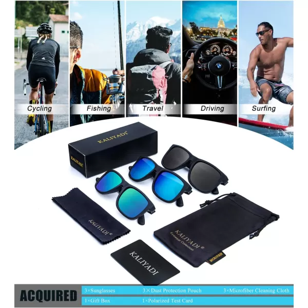 KALIYADI Sunglasses Men Polarized Sun glasses for Mens Womens Classic Matte Black Frame UV Protection 3pack3 Pack BlackIce BlueGreen
