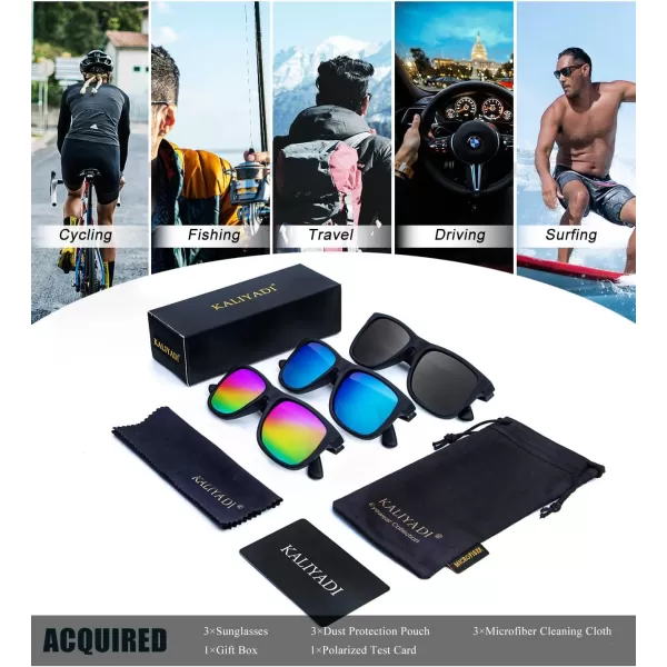 KALIYADI Sunglasses Men Polarized Sun glasses for Mens Womens Classic Matte Black Frame UV Protection 3pack3 Pack BlackIce BlueRainbow