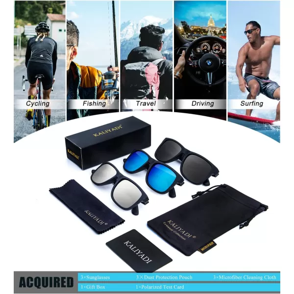 KALIYADI Sunglasses Men Polarized Sun glasses for Mens Womens Classic Matte Black Frame UV Protection 3pack3 Pack BlackIce BlueSilver