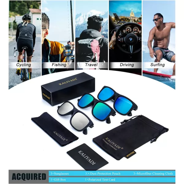 KALIYADI Sunglasses Men Polarized Sun glasses for Mens Womens Classic Matte Black Frame UV Protection 3pack3 Pack Ice BlueGreenSilver