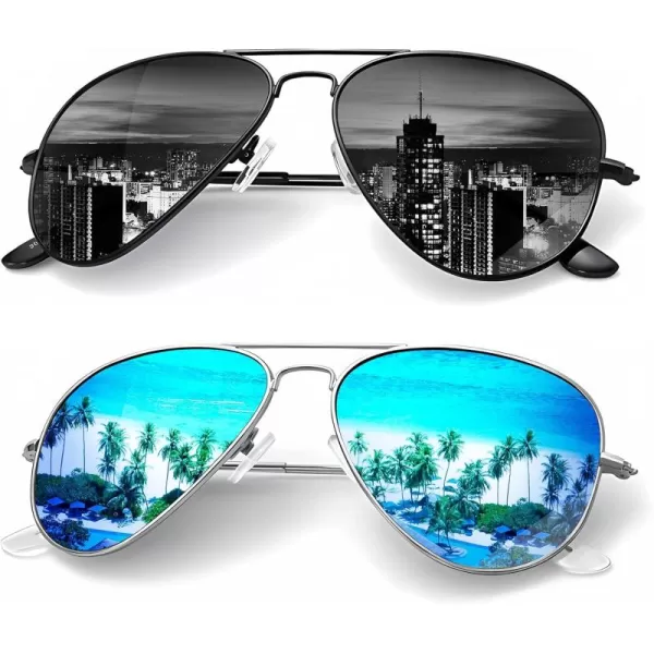 KALIYADI Classic Aviator Sunglasses for Men Women Driving Sun glasses Polarized Lens UV BlockingE 2 Pack BlackBlue