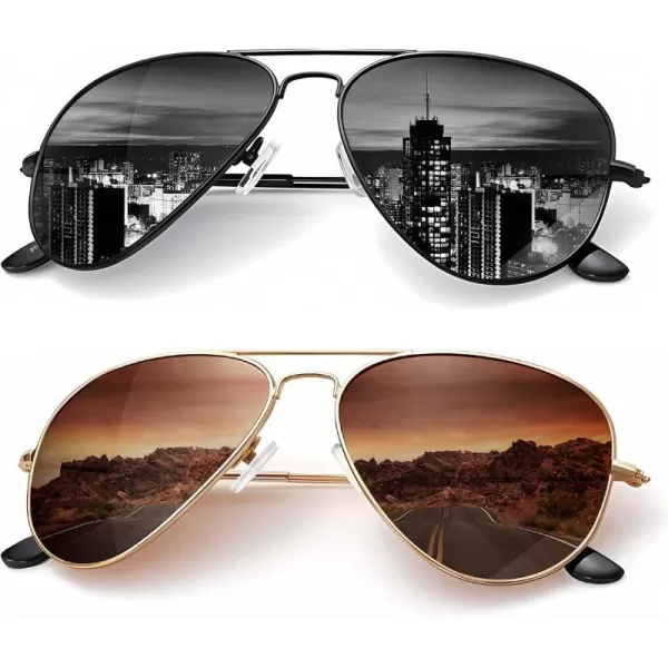 KALIYADI Classic Aviator Sunglasses for Men Women Driving Sun glasses Polarized Lens UV BlockingE 2 Pack BlackBrown