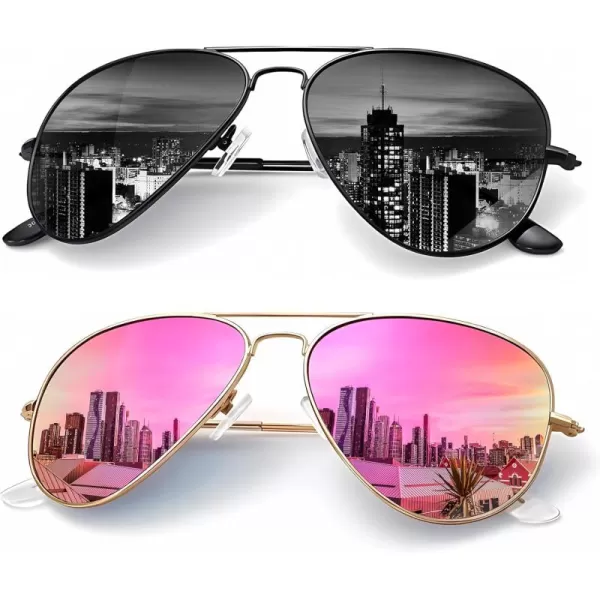 KALIYADI Classic Aviator Sunglasses for Men Women Driving Sun glasses Polarized Lens UV BlockingE 2 Pack BlackPink
