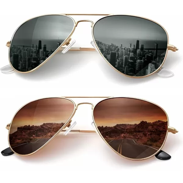 KALIYADI Classic Aviator Sunglasses for Men Women Driving Sun glasses Polarized Lens UV BlockingE 2 Pack Blackish GreenBrown