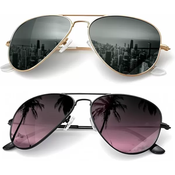 KALIYADI Classic Aviator Sunglasses for Men Women Driving Sun glasses Polarized Lens UV BlockingE 2 Pack Blackish GreenPurple Gradient