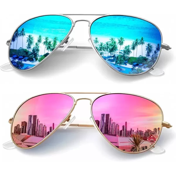 KALIYADI Classic Aviator Sunglasses for Men Women Driving Sun glasses Polarized Lens UV BlockingE 2 Pack BluePink