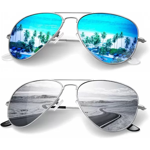 KALIYADI Classic Aviator Sunglasses for Men Women Driving Sun glasses Polarized Lens UV BlockingE 2 Pack BlueSilver