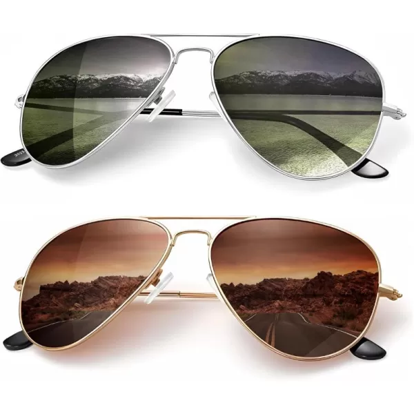 KALIYADI Classic Aviator Sunglasses for Men Women Driving Sun glasses Polarized Lens UV BlockingE 2 Pack BrownBlackish Green Gradient