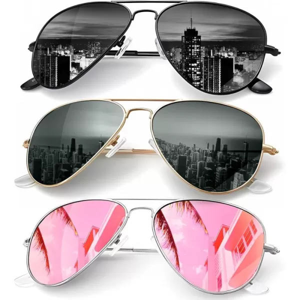 KALIYADI Classic Aviator Sunglasses for Men Women Driving Sun glasses Polarized Lens UV BlockingF 3 Pack BlackBlackish GreenLight Pink