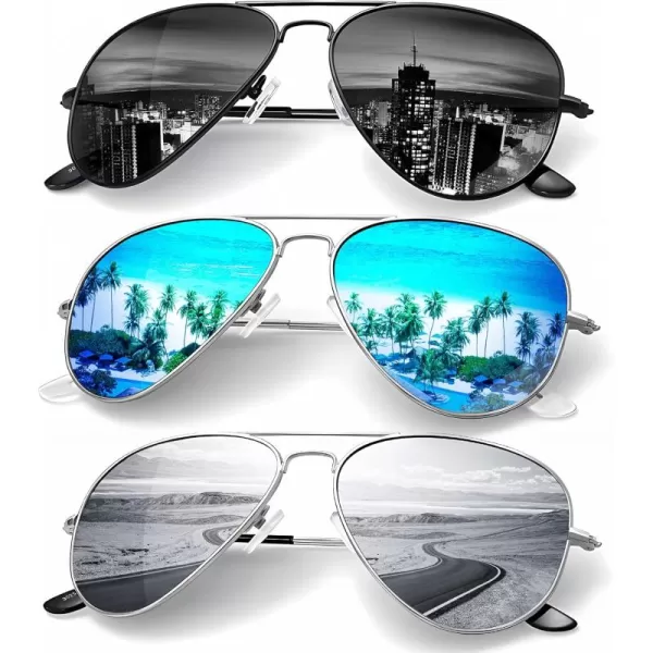KALIYADI Classic Aviator Sunglasses for Men Women Driving Sun glasses Polarized Lens UV BlockingF 3 Pack BlackBlueSilver