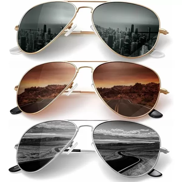 KALIYADI Classic Aviator Sunglasses for Men Women Driving Sun glasses Polarized Lens UV BlockingF 3 Pack Blackish GreenBrownSilvery Black