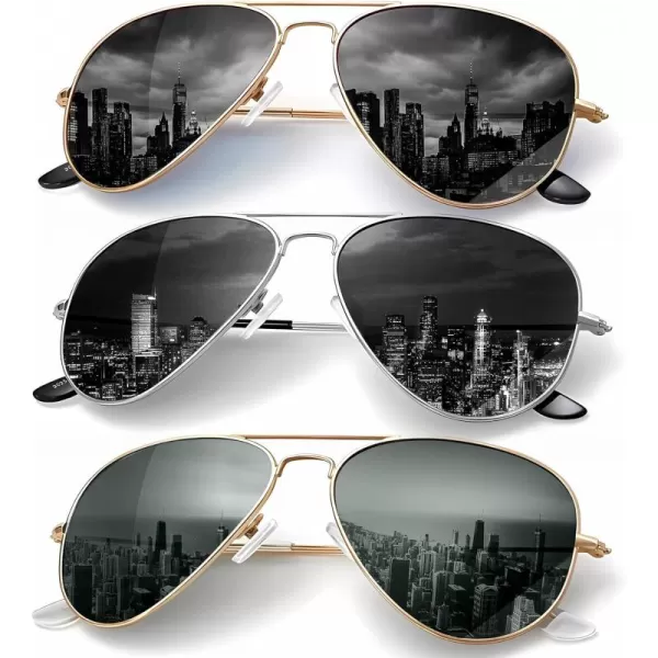 KALIYADI Classic Aviator Sunglasses for Men Women Driving Sun glasses Polarized Lens UV BlockingF 3 Pack Blackish GreenGolden BlackSilvery Black