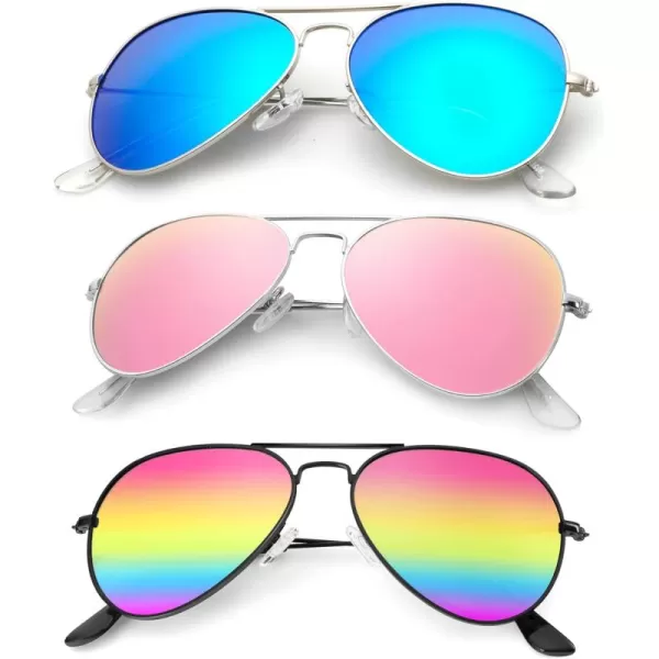 KALIYADI Classic Aviator Sunglasses for Men Women Driving Sun glasses Polarized Lens UV BlockingF 3 Pack BlueRainbowLight Pink
