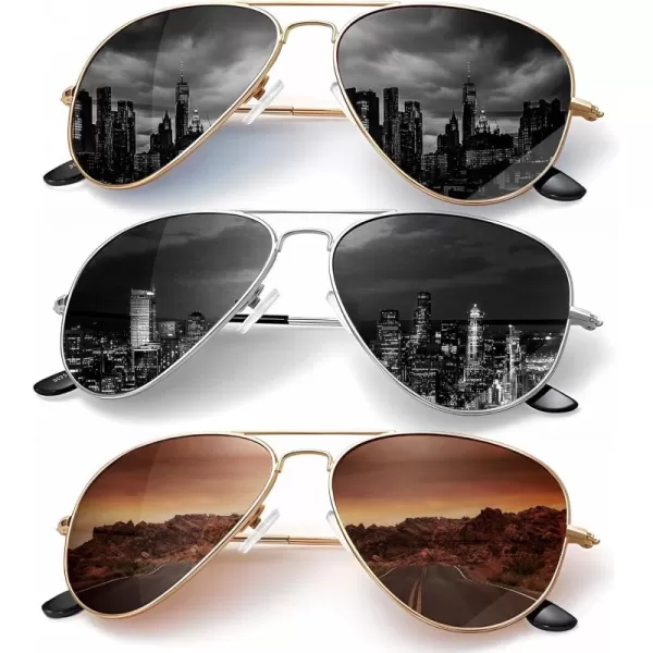 KALIYADI Classic Aviator Sunglasses for Men Women Driving Sun glasses Polarized Lens UV BlockingF 3 Pack BrownGolden BlackSilvery Black