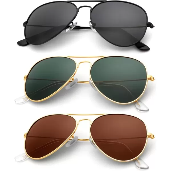 KALIYADI Classic Aviator Sunglasses for Men Women Driving Sun glasses Polarized Lens UV BlockingF 3 Pack  Glass LensnonpolarizedblackBlackish GreenBrown