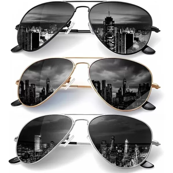 KALIYADI Classic Aviator Sunglasses for Men Women Driving Sun glasses Polarized Lens UV BlockingF 3 Packblack GreyGolden GreySilver Grey