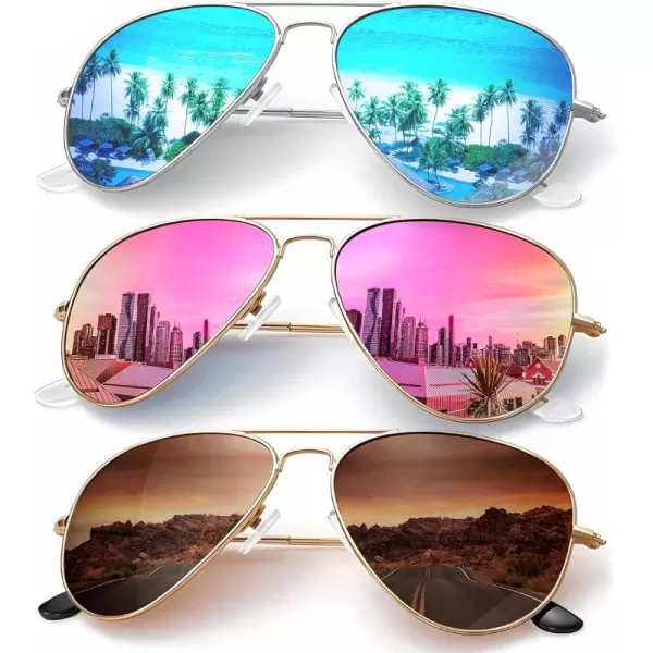KALIYADI Classic Aviator Sunglasses for Men Women Driving Sun glasses Polarized Lens UV BlockingF 3 PackbluePinkBrown