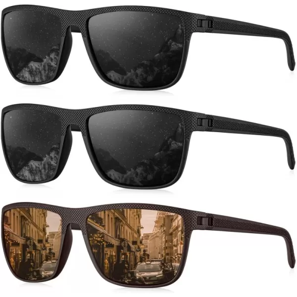 KALIYADI Polarized Sunglasses for Men Lightweight Sun Glasses with UV Protection for Driving Fishing Golf3 Pack BlackBlackBrown