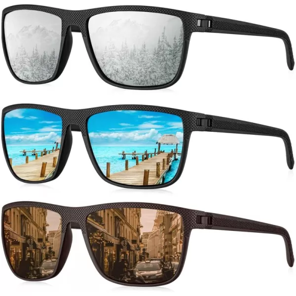 KALIYADI Polarized Sunglasses for Men Lightweight Sun Glasses with UV Protection for Driving Fishing Golf3 Pack Ice BlueSilverBrown