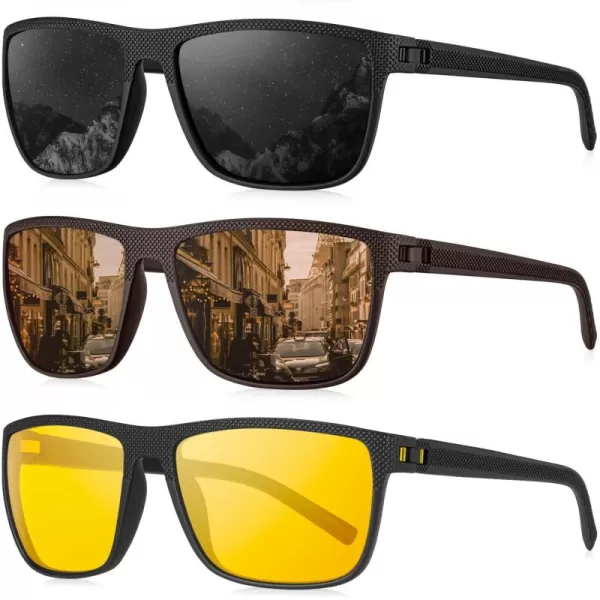 KALIYADI Polarized Sunglasses for Men Lightweight Sun Glasses with UV Protection for Driving Fishing Golf3 Pack Night VisionBlackBrown