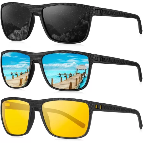 KALIYADI Polarized Sunglasses for Men Lightweight Sun Glasses with UV Protection for Driving Fishing Golf3 Pack Night VisionBlackIce Blue