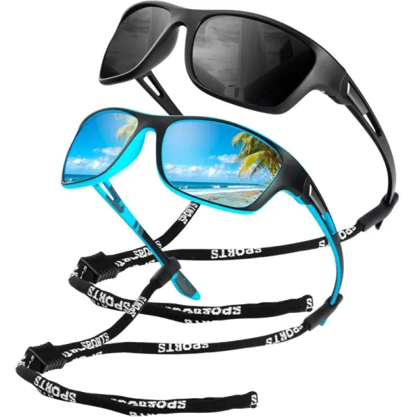 KALIYADI Polarized Sunglasses for Men Sports Sun Glasses for Driving Cycling Fishing with UV protection2 Pack BlackIce Blue