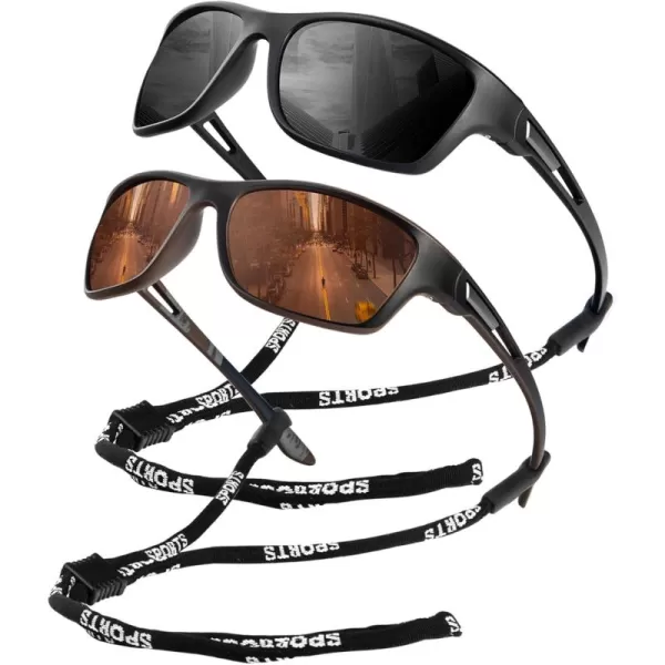 KALIYADI Polarized Sunglasses for Men Sports Sun Glasses for Driving Cycling Fishing with UV protection2 Pack Matt BlackBrown