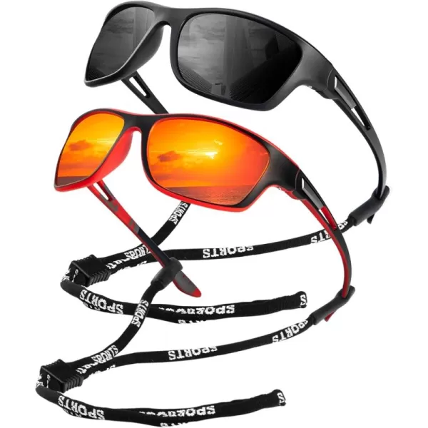 KALIYADI Polarized Sunglasses for Men Sports Sun Glasses for Driving Cycling Fishing with UV protection2 Pack Matt BlackRed