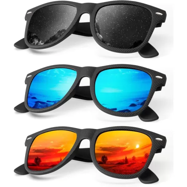 KALIYADI Polarized Sunglasses for Men and Women Matte Finish Sun glasses Color Mirror Lens UV Blocking 3 PackBlack Striped FrameblackIce BlueRed