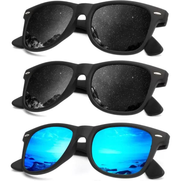 KALIYADI Polarized Sunglasses for Men and Women Matte Finish Sun glasses Color Mirror Lens UV Blocking 3 PackBlackBlackBlue