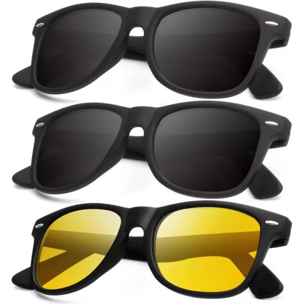 KALIYADI Polarized Sunglasses for Men and Women Matte Finish Sun glasses Color Mirror Lens UV Blocking 3 PackBlackBlackNight Vision
