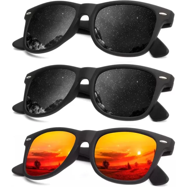 KALIYADI Polarized Sunglasses for Men and Women Matte Finish Sun glasses Color Mirror Lens UV Blocking 3 PackBlackBlackOrange