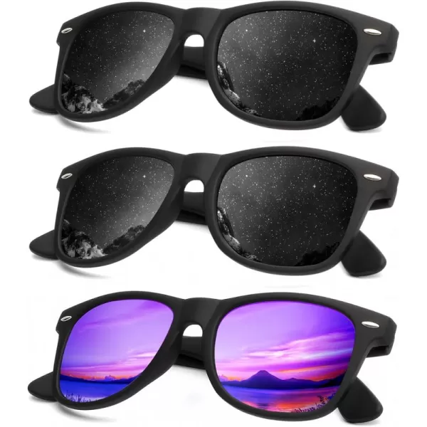 KALIYADI Polarized Sunglasses for Men and Women Matte Finish Sun glasses Color Mirror Lens UV Blocking 3 PackBlackBlackPurple