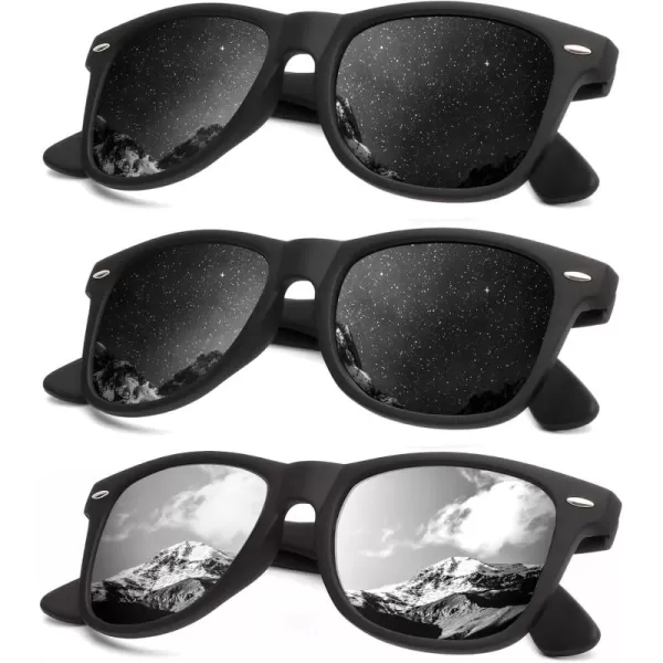 KALIYADI Polarized Sunglasses for Men and Women Matte Finish Sun glasses Color Mirror Lens UV Blocking 3 PackBlackBlackSilver