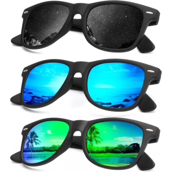 KALIYADI Polarized Sunglasses for Men and Women Matte Finish Sun glasses Color Mirror Lens UV Blocking 3 PackBlackBlueGreen