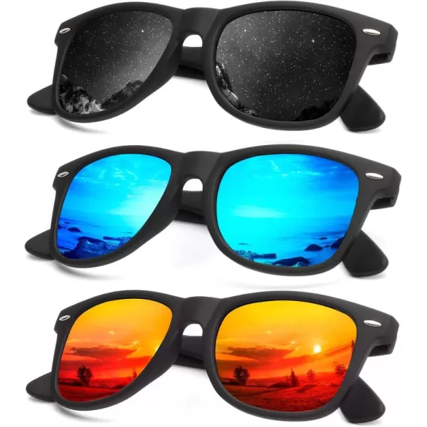 KALIYADI Polarized Sunglasses for Men and Women Matte Finish Sun glasses Color Mirror Lens UV Blocking 3 PackBlackBlueOrange