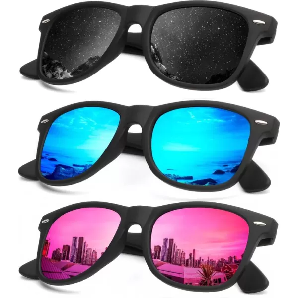 KALIYADI Polarized Sunglasses for Men and Women Matte Finish Sun glasses Color Mirror Lens UV Blocking 3 PackBlackBluePink