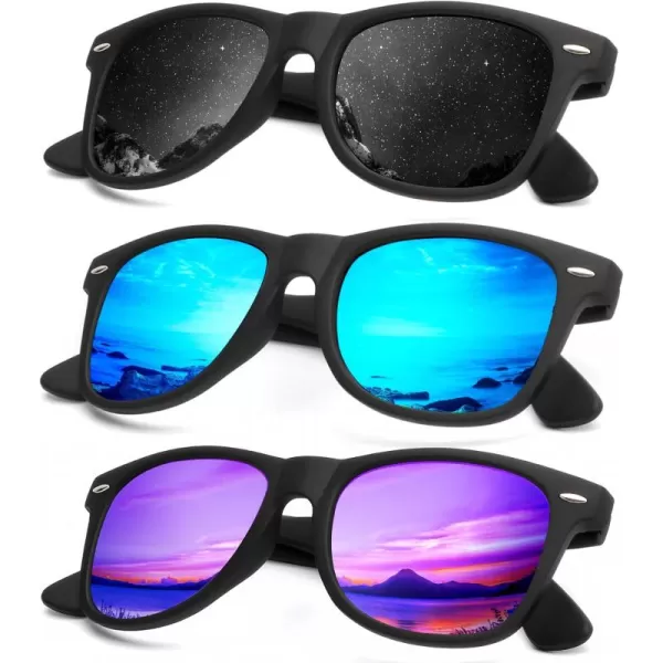 KALIYADI Polarized Sunglasses for Men and Women Matte Finish Sun glasses Color Mirror Lens UV Blocking 3 PackBlackBluePurple