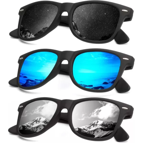 KALIYADI Polarized Sunglasses for Men and Women Matte Finish Sun glasses Color Mirror Lens UV Blocking 3 PackBlackBlueSilver