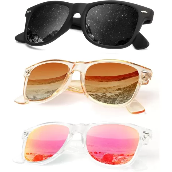 KALIYADI Polarized Sunglasses for Men and Women Matte Finish Sun glasses Color Mirror Lens UV Blocking 3 PackBlackCrystal BrownPink
