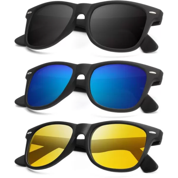 KALIYADI Polarized Sunglasses for Men and Women Matte Finish Sun glasses Color Mirror Lens UV Blocking 3 PackBlackDark BlueNight Vision