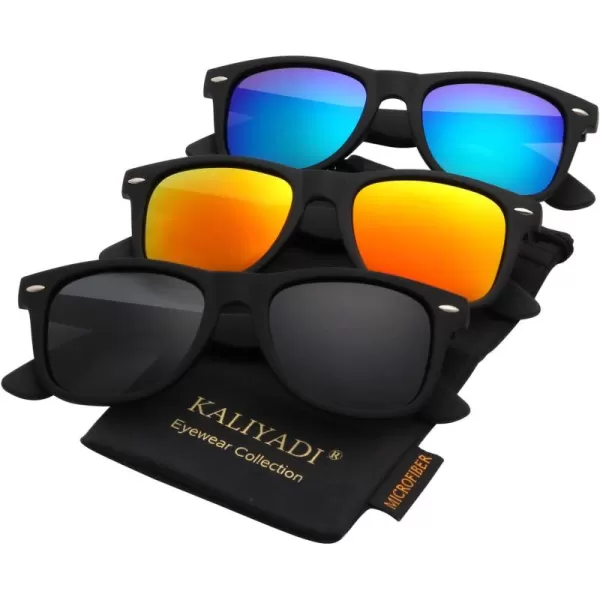 KALIYADI Polarized Sunglasses for Men and Women Matte Finish Sun glasses Color Mirror Lens UV Blocking 3 PackBlackGreen BlueOrange