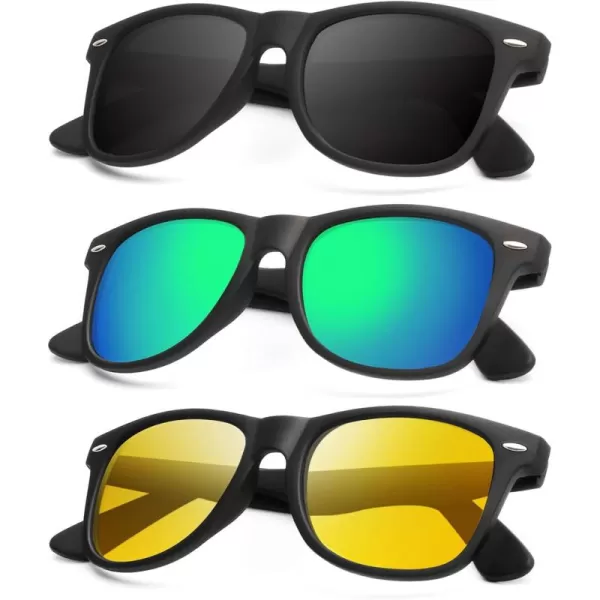 KALIYADI Polarized Sunglasses for Men and Women Matte Finish Sun glasses Color Mirror Lens UV Blocking 3 PackBlackGreenNight Vision