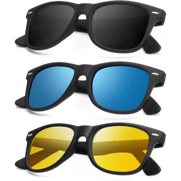 KALIYADI Polarized Sunglasses for Men and Women Matte Finish Sun glasses Color Mirror Lens UV Blocking 3 PackBlackIce BlueNight Vision