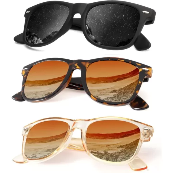 KALIYADI Polarized Sunglasses for Men and Women Matte Finish Sun glasses Color Mirror Lens UV Blocking 3 PackBlackLeopard BrownCrystal Brown