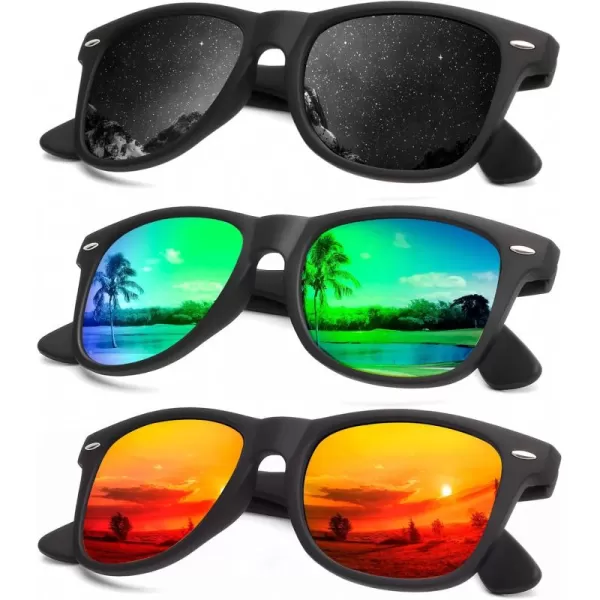 KALIYADI Polarized Sunglasses for Men and Women Matte Finish Sun glasses Color Mirror Lens UV Blocking 3 PackBlackOrangeGreen